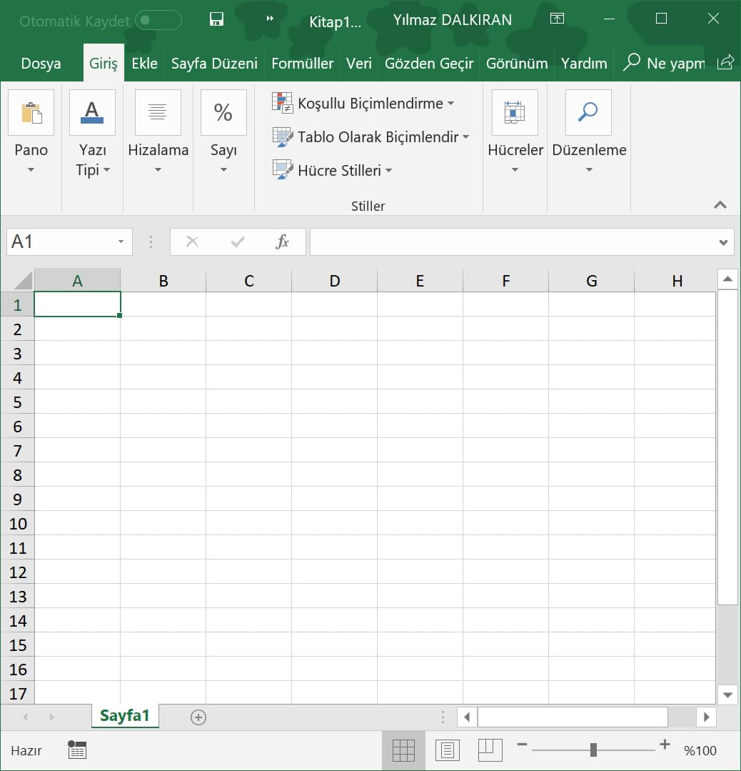 Excel 2016 arayüzü