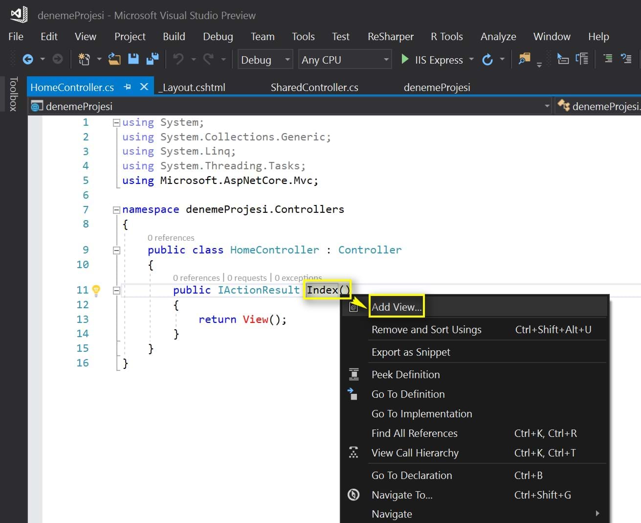 Microsoft Visual Studio 2017 ile ASP.NET Core MVC projesi oluşturma