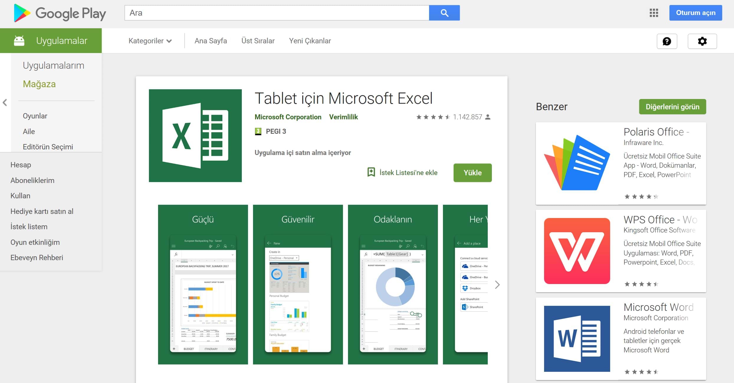 Android cihazlar için Excel kurulumu