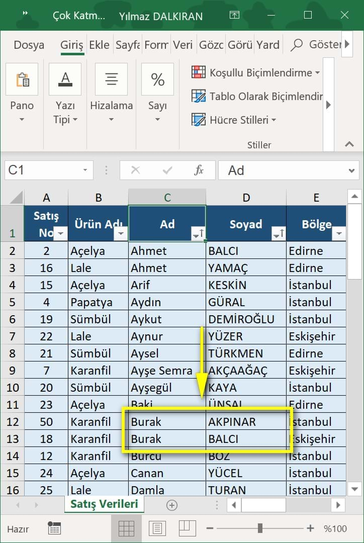 çok katmanlı sıralama ve özel sıralama