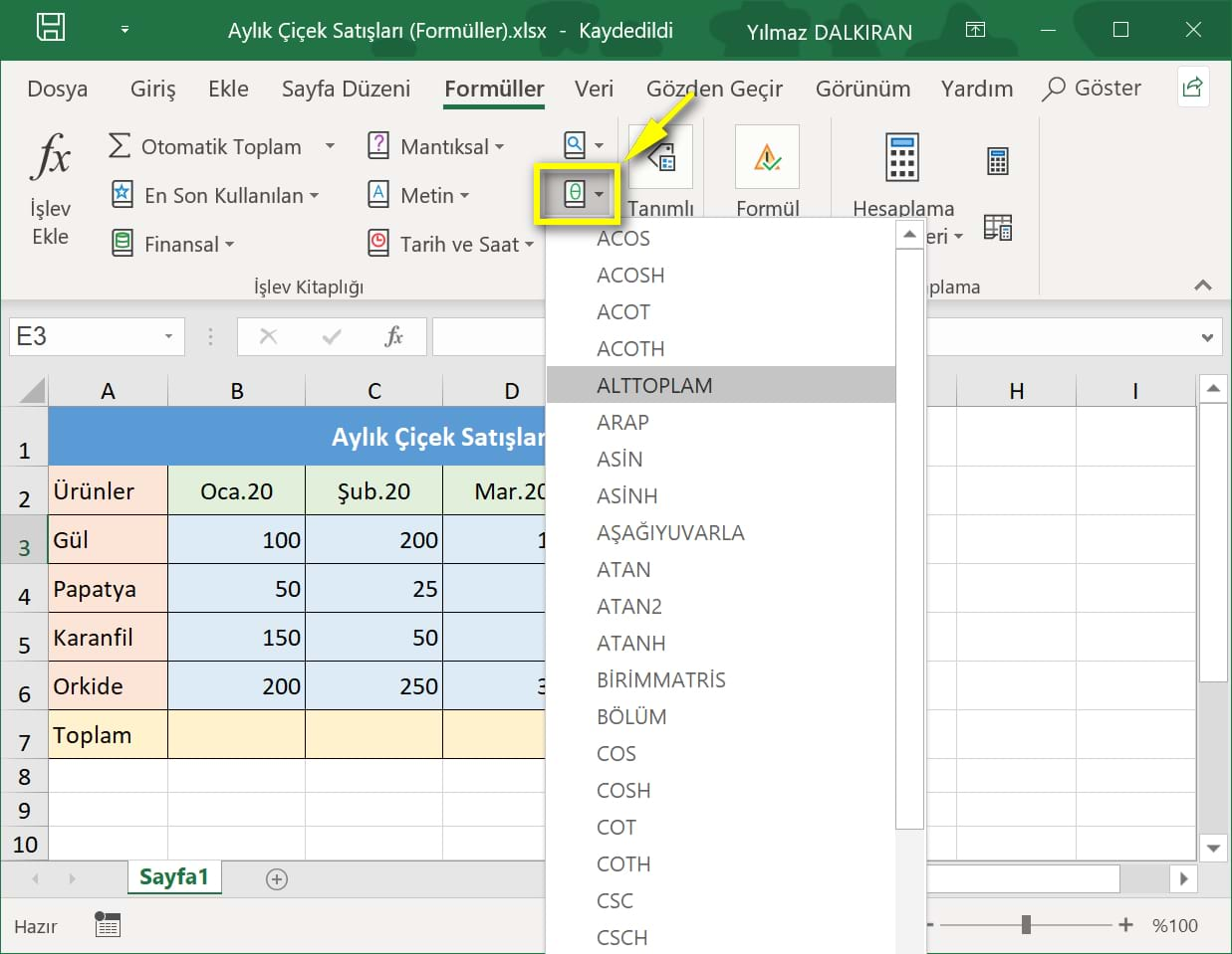 excel'de formüller ve formüllerin yapısı