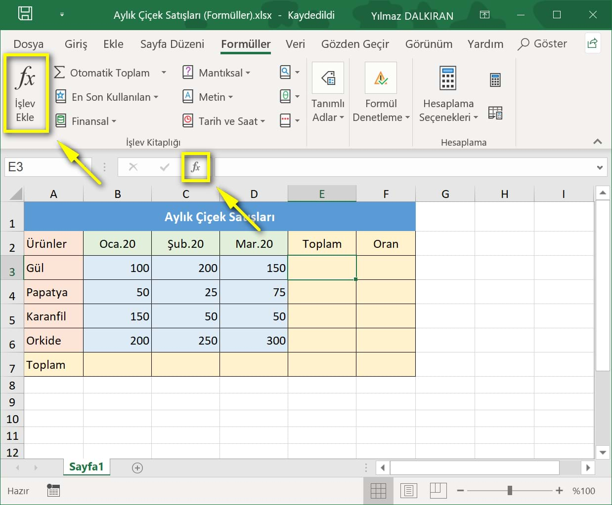 excel'de formüller ve formüllerin yapısı