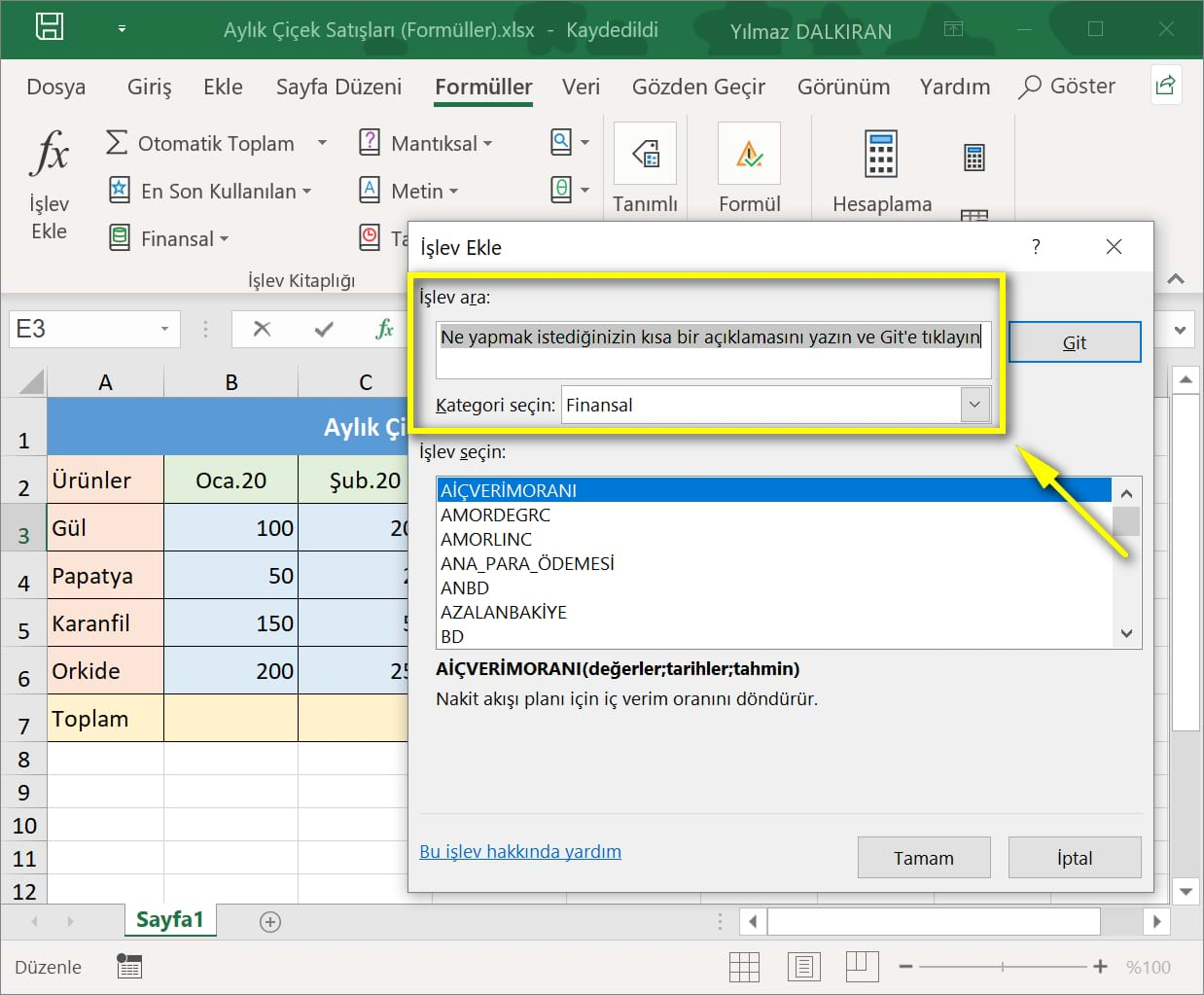 excel'de formüller ve formüllerin yapısı