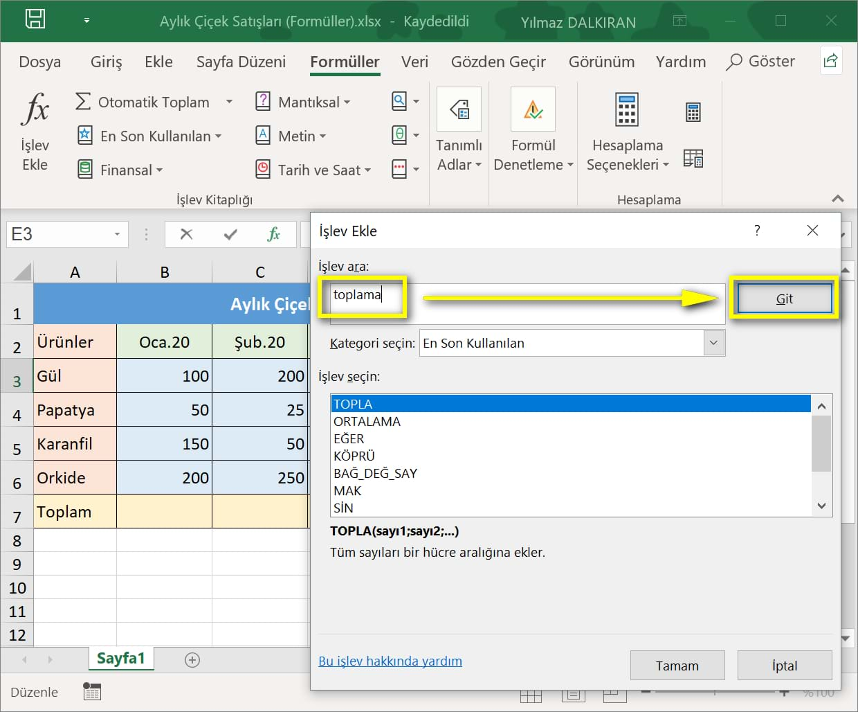 excel'de formüller ve formüllerin yapısı