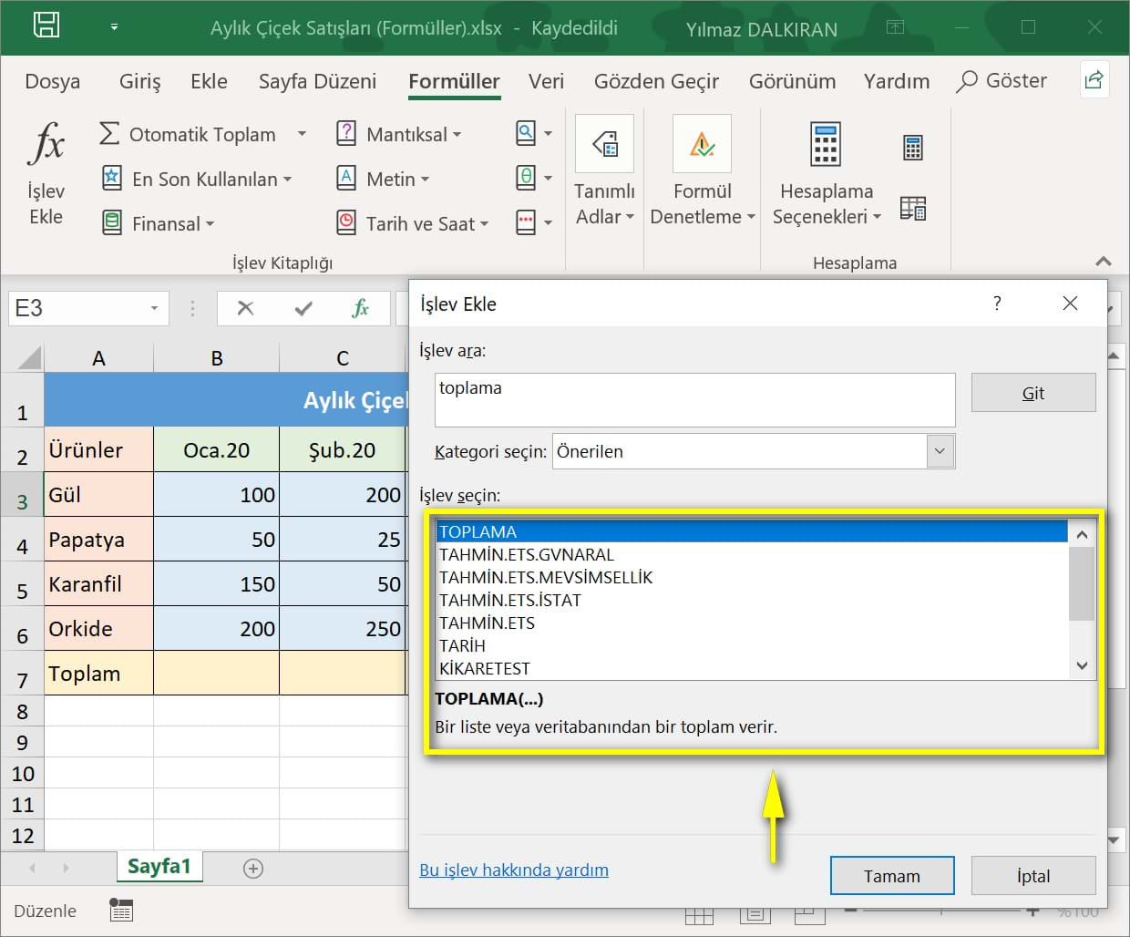 excel'de formüller ve formüllerin yapısı