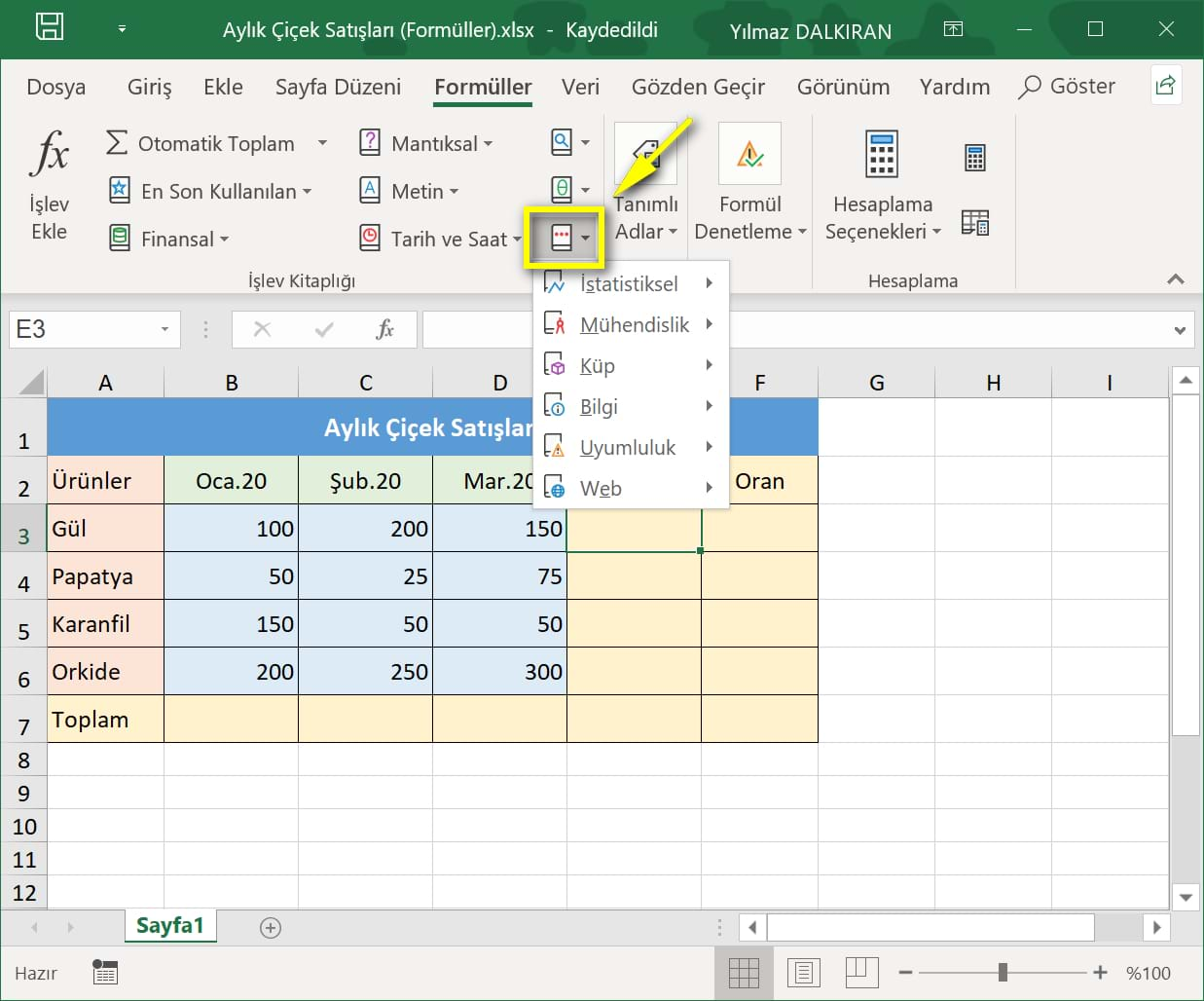 excel'de formüller ve formüllerin yapısı