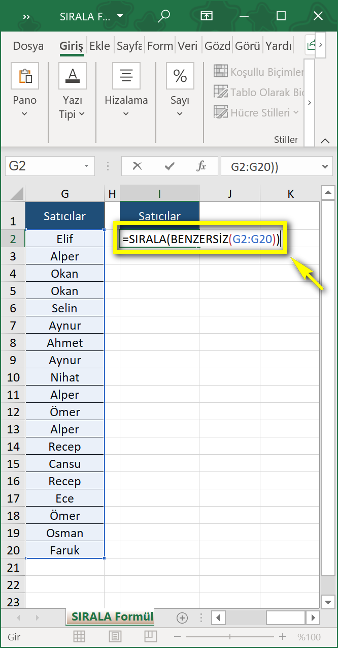 sırala formülü