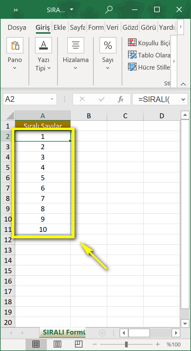sıralı formülü