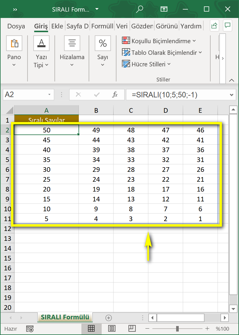sıralı formülü