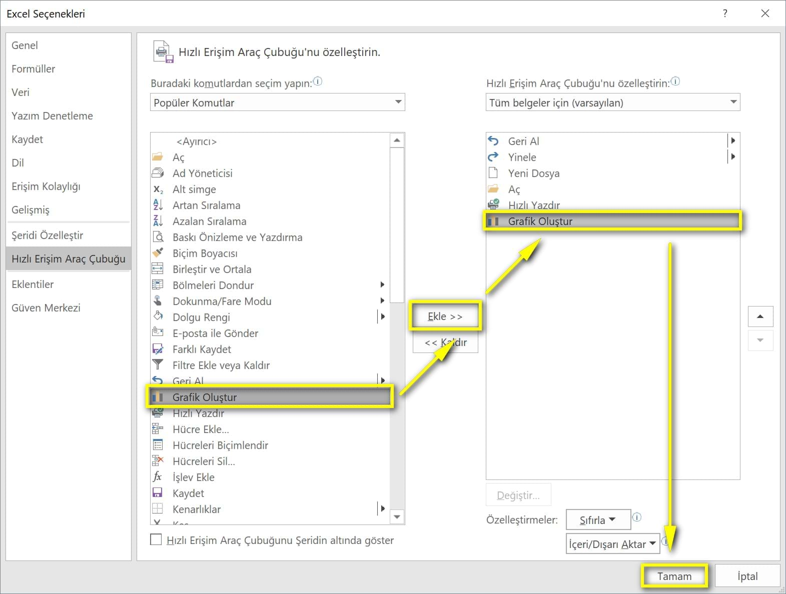 hızlı erişim araç çubuğu quick access toolbar