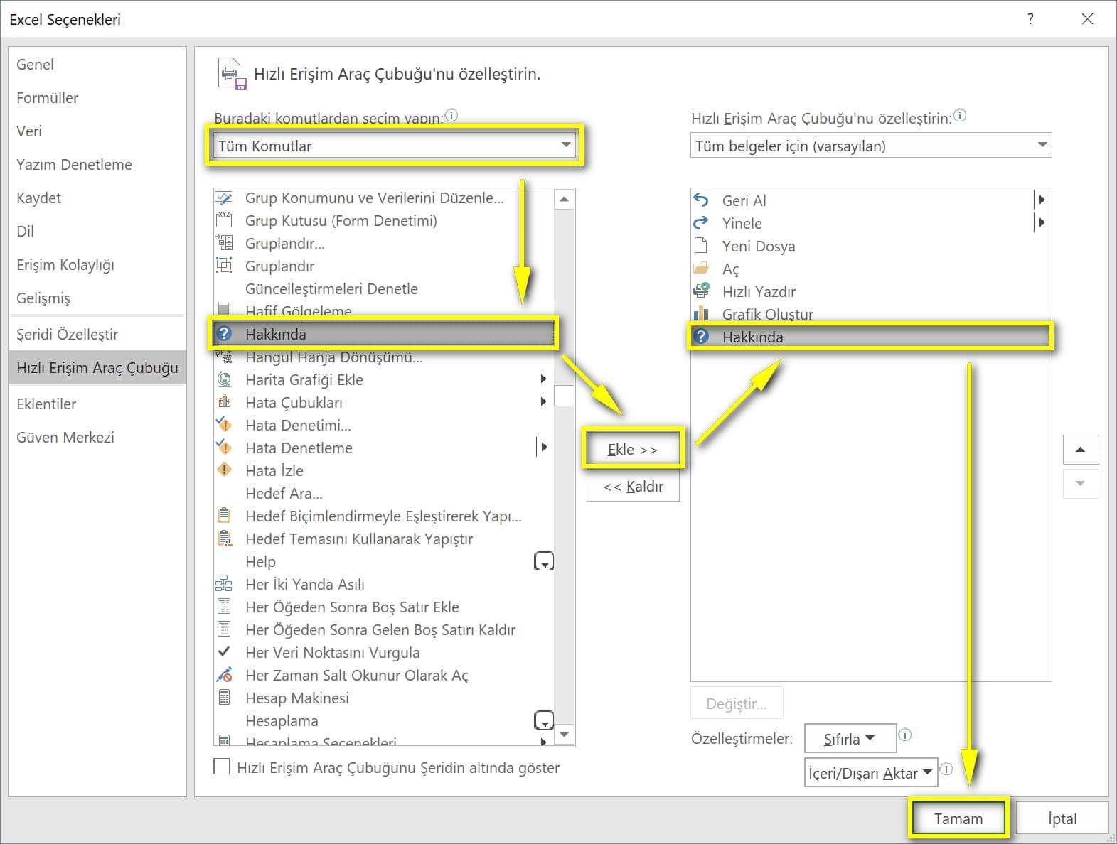 hızlı erişim araç çubuğu quick access toolbar