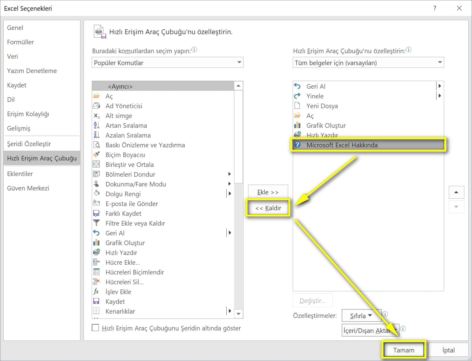 hızlı erişim araç çubuğu quick access toolbar