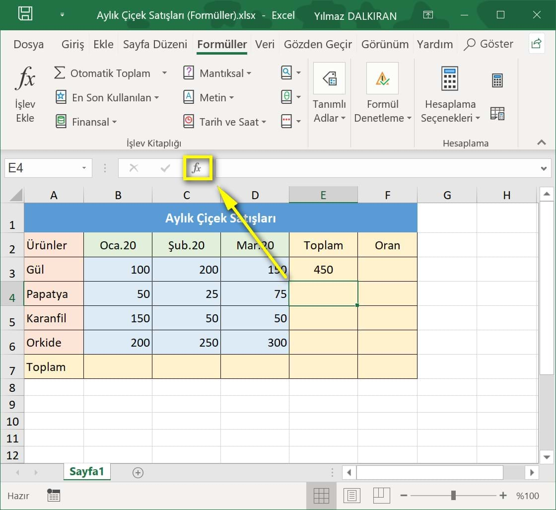 topla formülü ve otomatik toplam