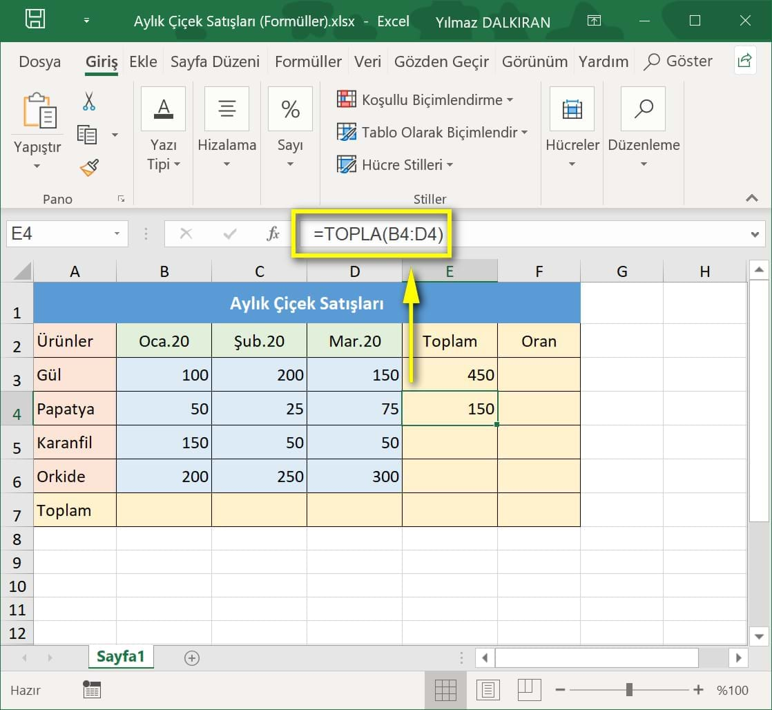topla formülü ve otomatik toplam