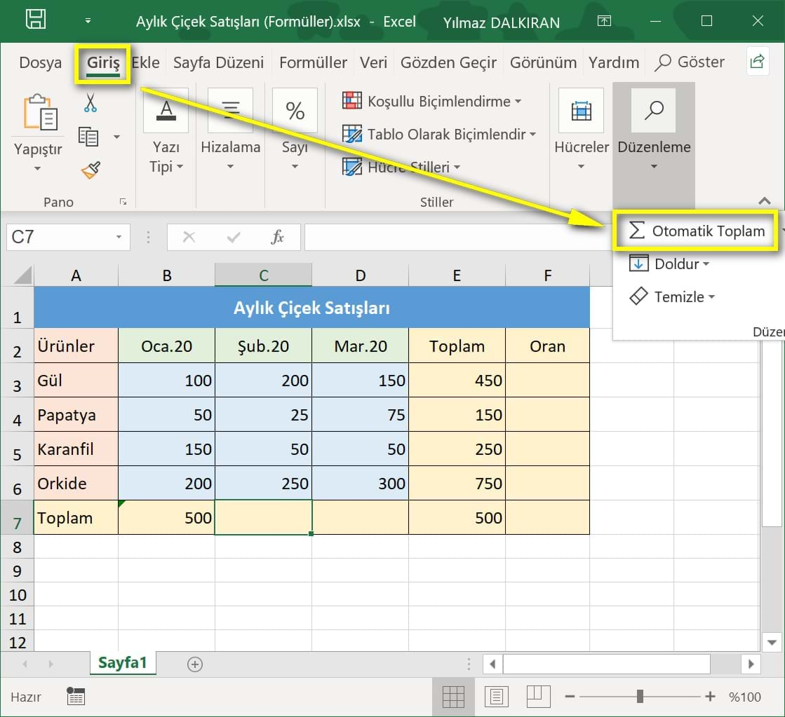 topla formülü ve otomatik toplam