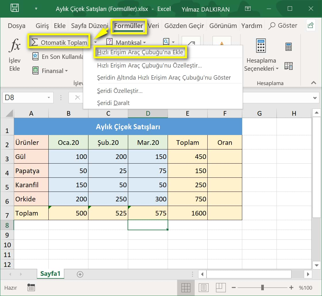 topla formülü ve otomatik toplam