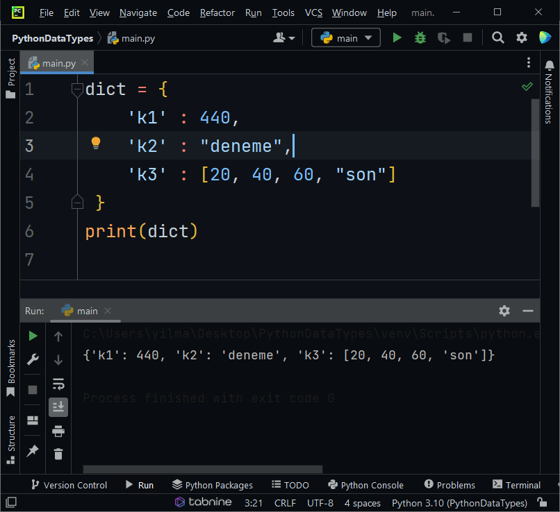 dictionary data types