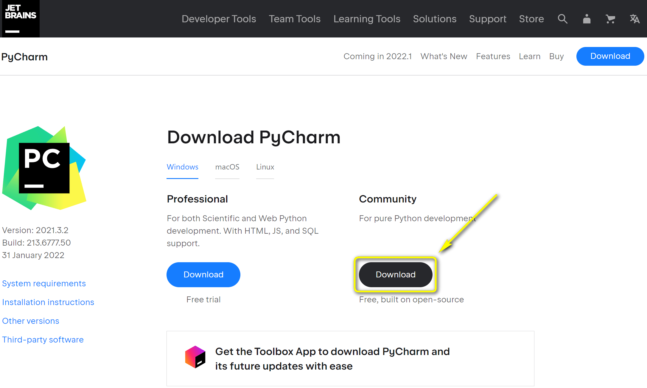 pycharm kurulumu