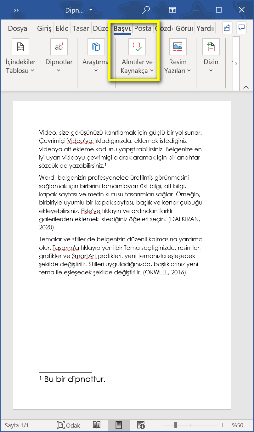 dipnot ve kaynakça ekleme