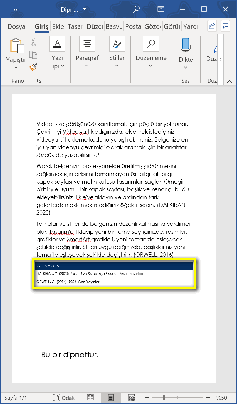 dipnot ve kaynakça ekleme